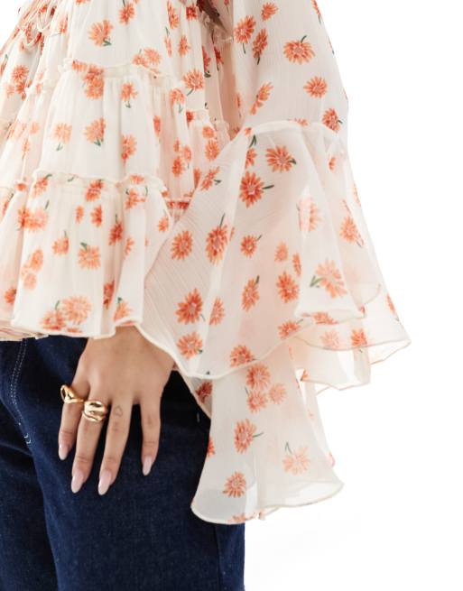 ASOS DESIGN tie front tiered blouse with ruffle cuffs in floral print, 3 of 4