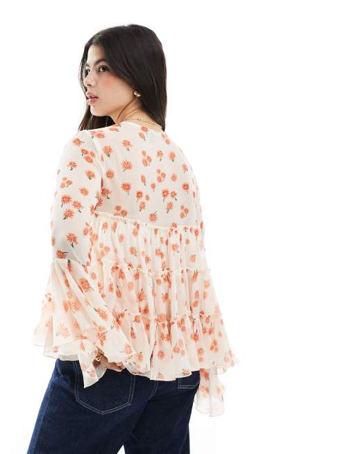 ASOS DESIGN tie front tiered blouse with ruffle cuffs in floral print