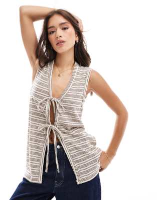 Asos Design Tie Front Top In Beige Stripe-neutral