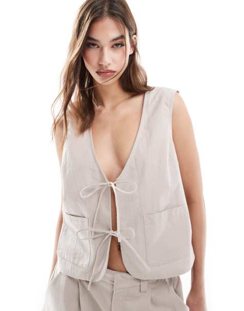 ASOS DESIGN tie front top in crinkle fabric in stone co-ord - view 1