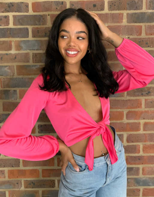 ASOS DESIGN tie front top in pink