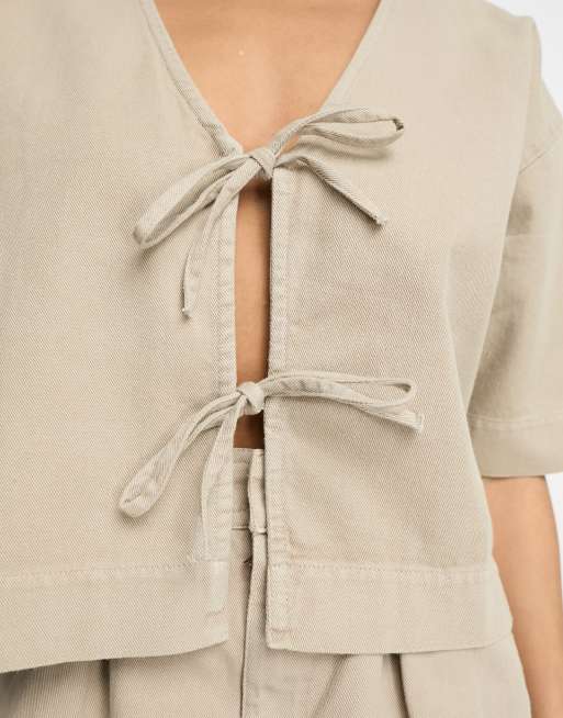 ASOS DESIGN tie front top in washed beige (part of a set), 4 of 4