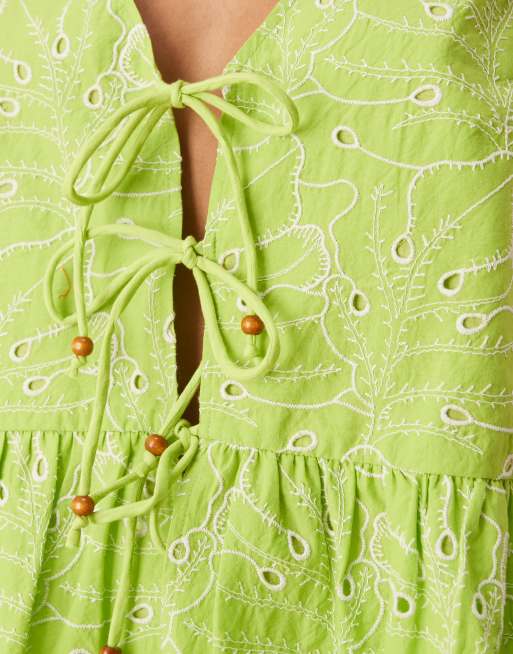 ASOS DESIGN tie front top with bead detail and floral embroidery co-ord in lime, 3 of 4