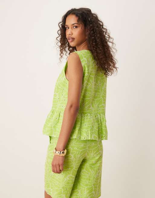 ASOS DESIGN tie front top with bead detail and floral embroidery co-ord in lime, 4 of 4