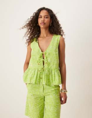 tie front top with bead detail and floral embroidery in lime - part of a set-Orange