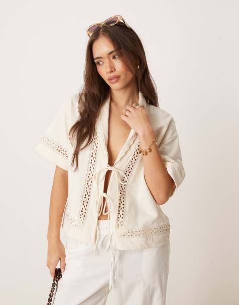 ASOS DESIGN tie front top with  collar and lace trims in cream - view 1