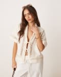 [ASOS DESIGN] ASOS DESIGN tie front top with collar and lace trims in cream-White XS CREAM