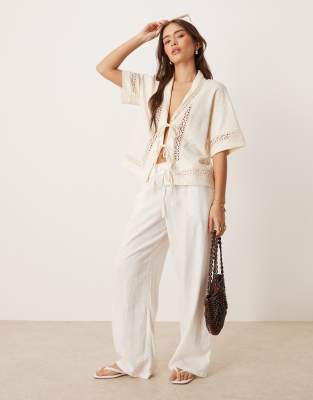 Asos Design Tie Front Top With Collar And Lace Trims In White