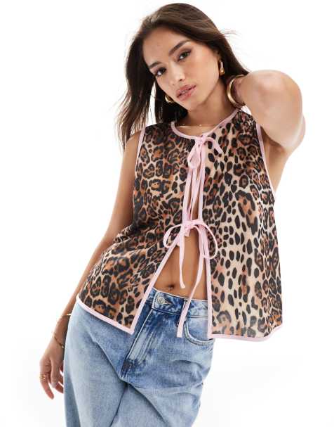 ASOS DESIGN tie front top with contrast binding in leopard print - view 1