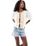 [ASOS DESIGN] ASOS DESIGN tie front top with embroidery and broderie inserts-White 4 Crm