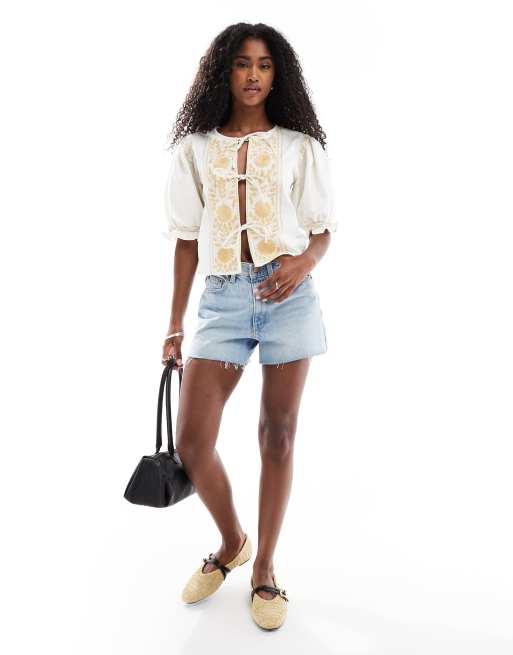 ASOS DESIGN tie front top with embroidery and broderie inserts, 3 of 4