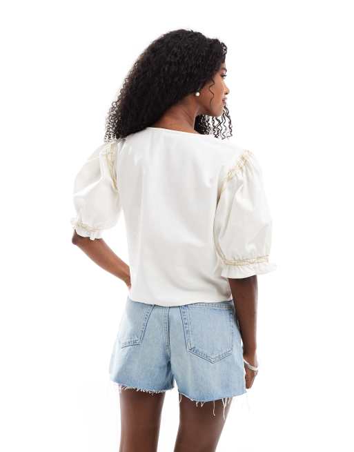 ASOS DESIGN tie front top with embroidery and broderie inserts, 4 of 4