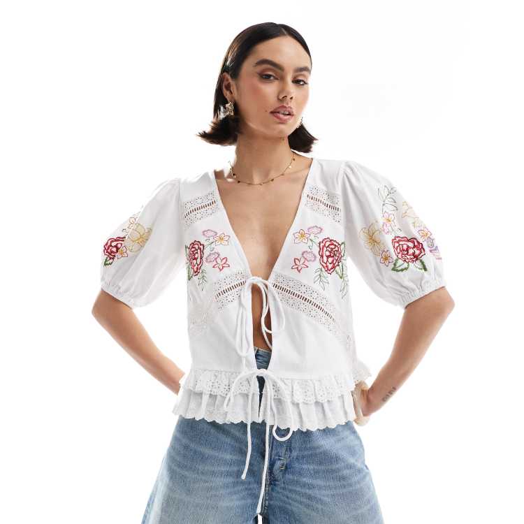 ASOS DESIGN tie front top with floral embroidery | ASOS