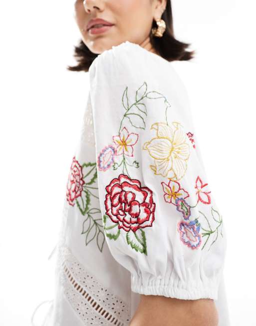 ASOS DESIGN tie front top with floral embroidery