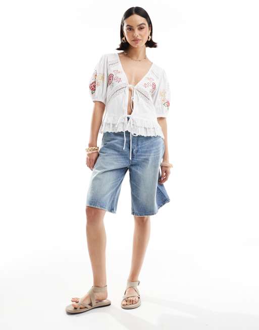ASOS DESIGN tie front top with floral embroidery