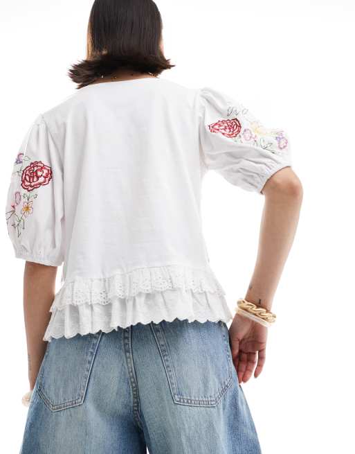 ASOS DESIGN tie front top with floral embroidery