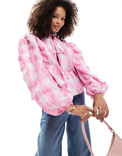 ASOS DESIGN tie front top with sleeve detail in gingham - view 1