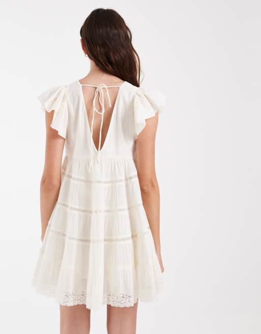 ASOS DESIGN tie front v neck mini dress in ivory, 4 of 4