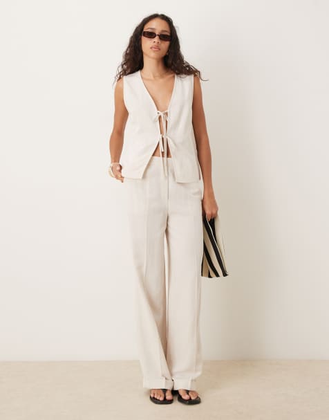 ASOS DESIGN tie front vest with linen and straight leg pants set in natural - view 1