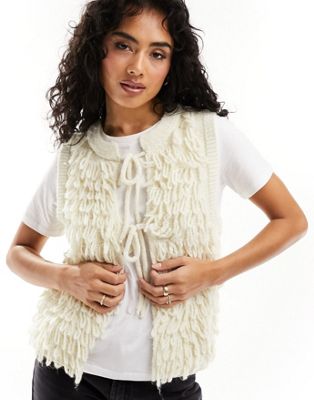 ASOS DESIGN tie front waistcoat in loopy stitch in stone