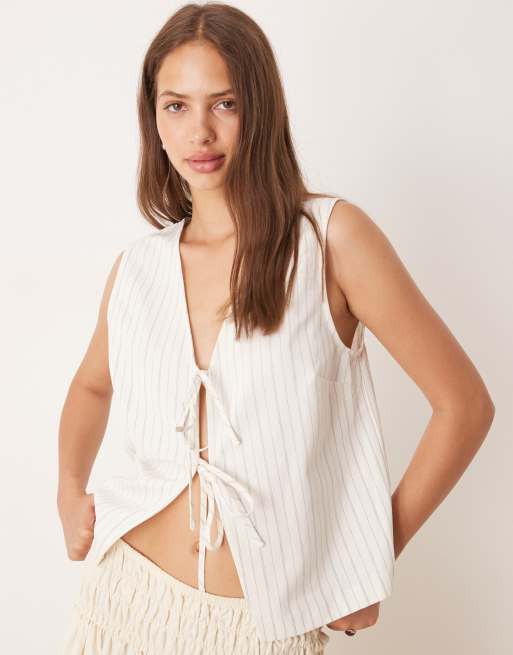 ASOS DESIGN tie front waistcoat with linen co-ord in ecru stripe