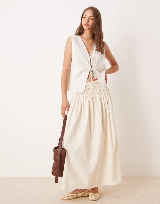 ASOS DESIGN tie front waistcoat with linen in ecru stripe, 2 of 4
