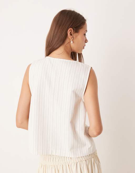 ASOS DESIGN tie front waistcoat with linen in ecru stripe, 4 of 4