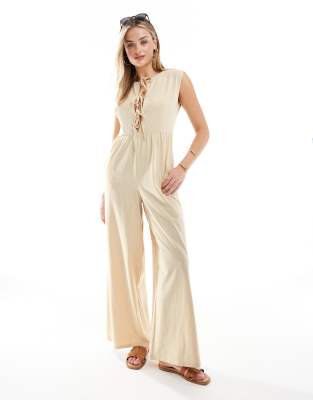 tie front wide leg jumpsuit in stone-Neutral