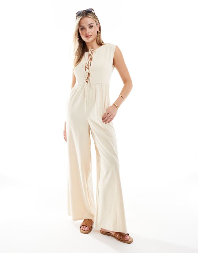 ASOS DESIGN - tie front wide leg jumpsuit in stone