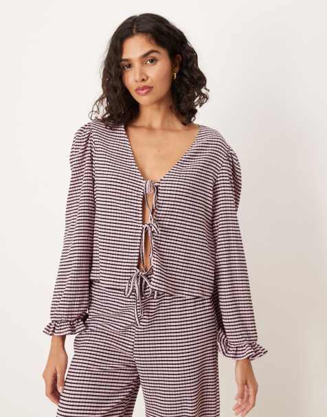 ASOS DESIGN tie front wide sleeve top co-ord in black & pink gingham - view 1