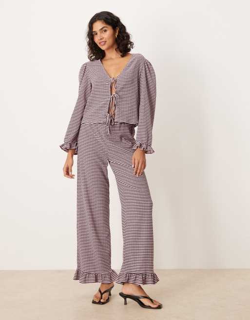 ASOS DESIGN tie front wide sleeve top in black & pink gingham (Part of a set), 2 of 4