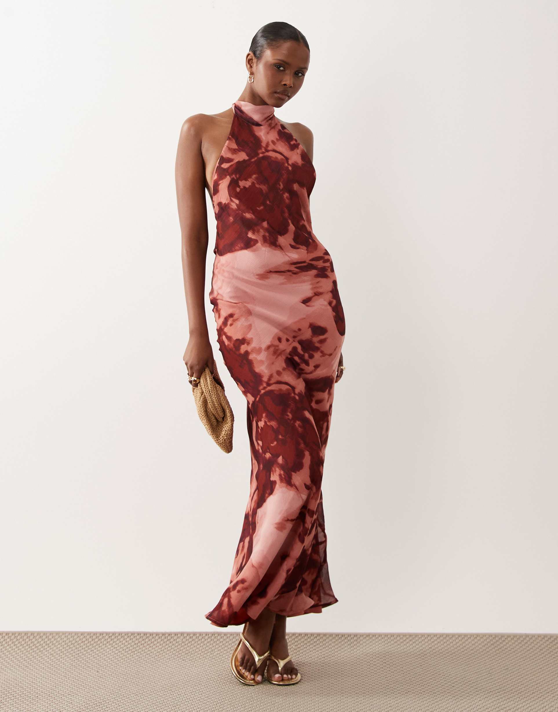 asos design tie halter neck maxi dress in abstract print