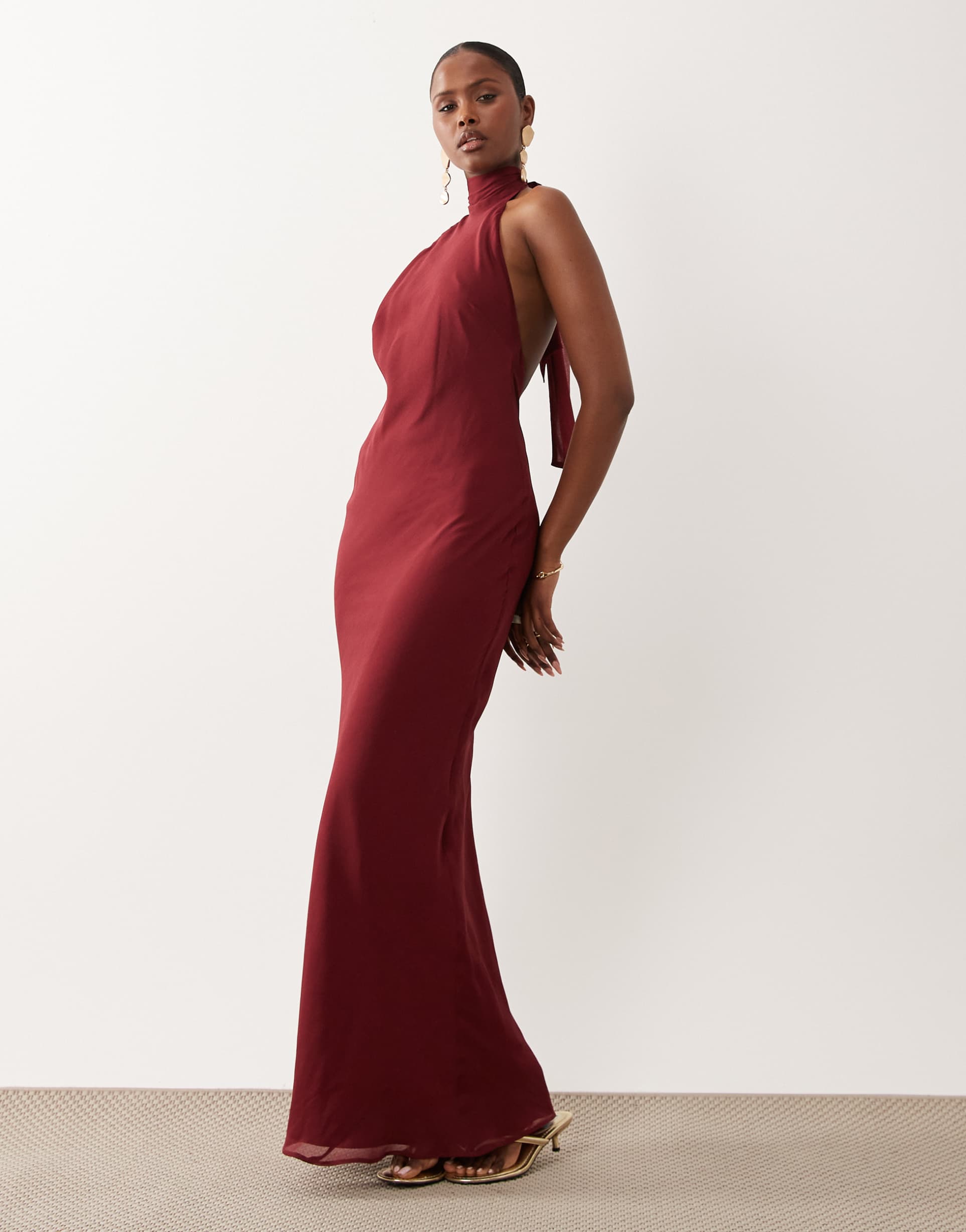 asos design tie halter neck maxi dress in berry