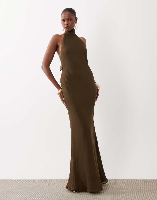 asos green halter neck dress DESIGN tie maxi in khaki lehenga choli online