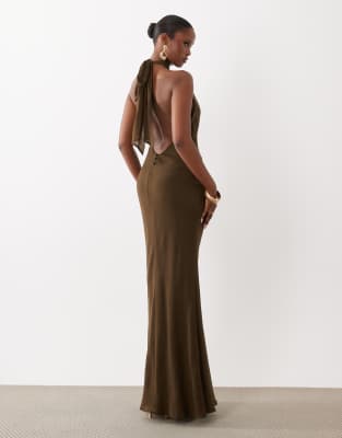Asos Design Tie Halter Neck Maxi Dress In Green