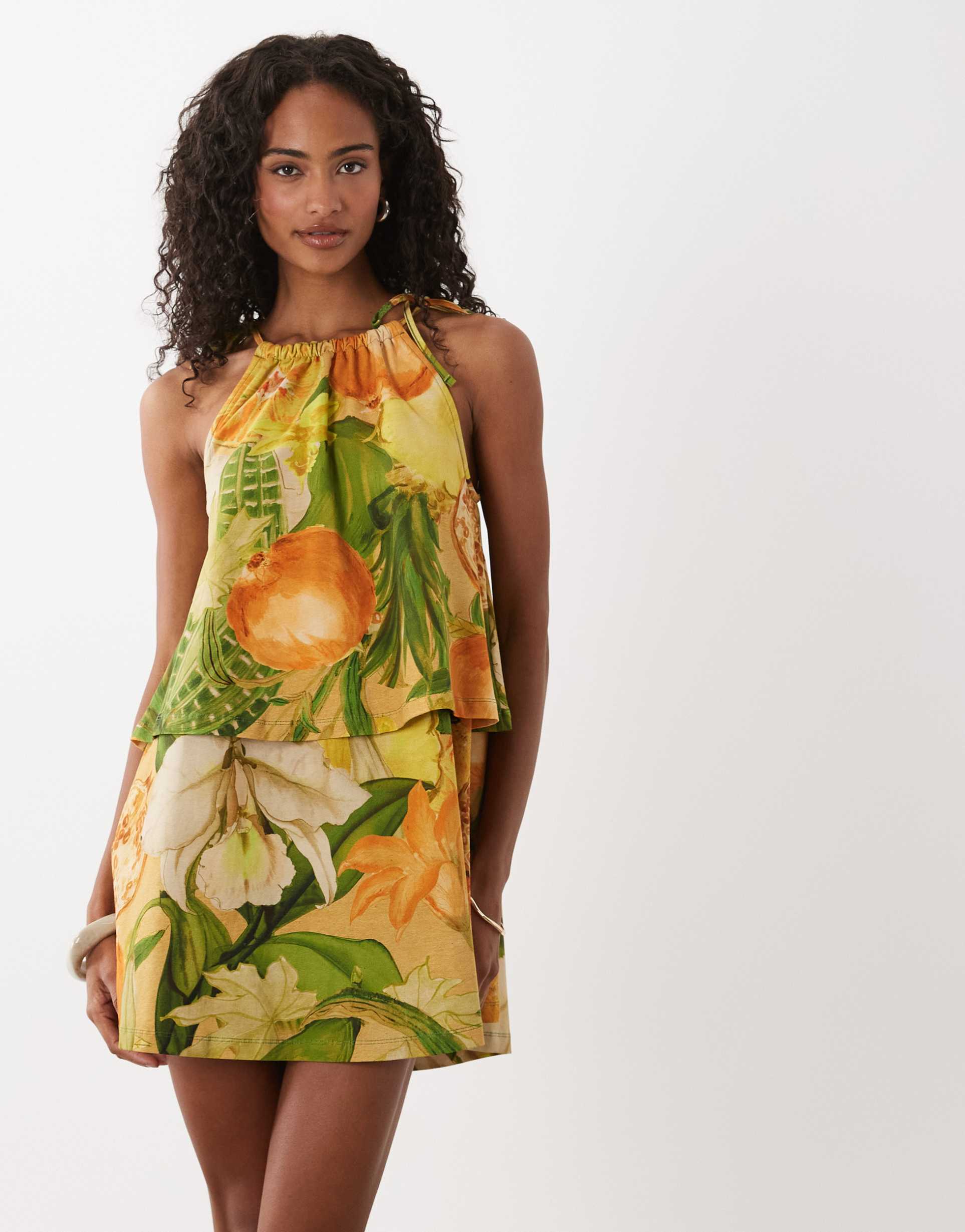 asos design tie neck baby doll printed mini dress