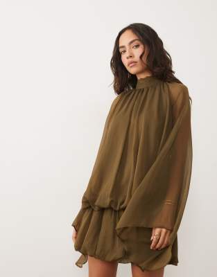 Asos Design Tie Neck Bubble Mini Dress In Green