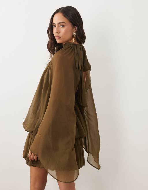 ASOS DESIGN tie neck bubble mini dress in khaki, 4 of 4