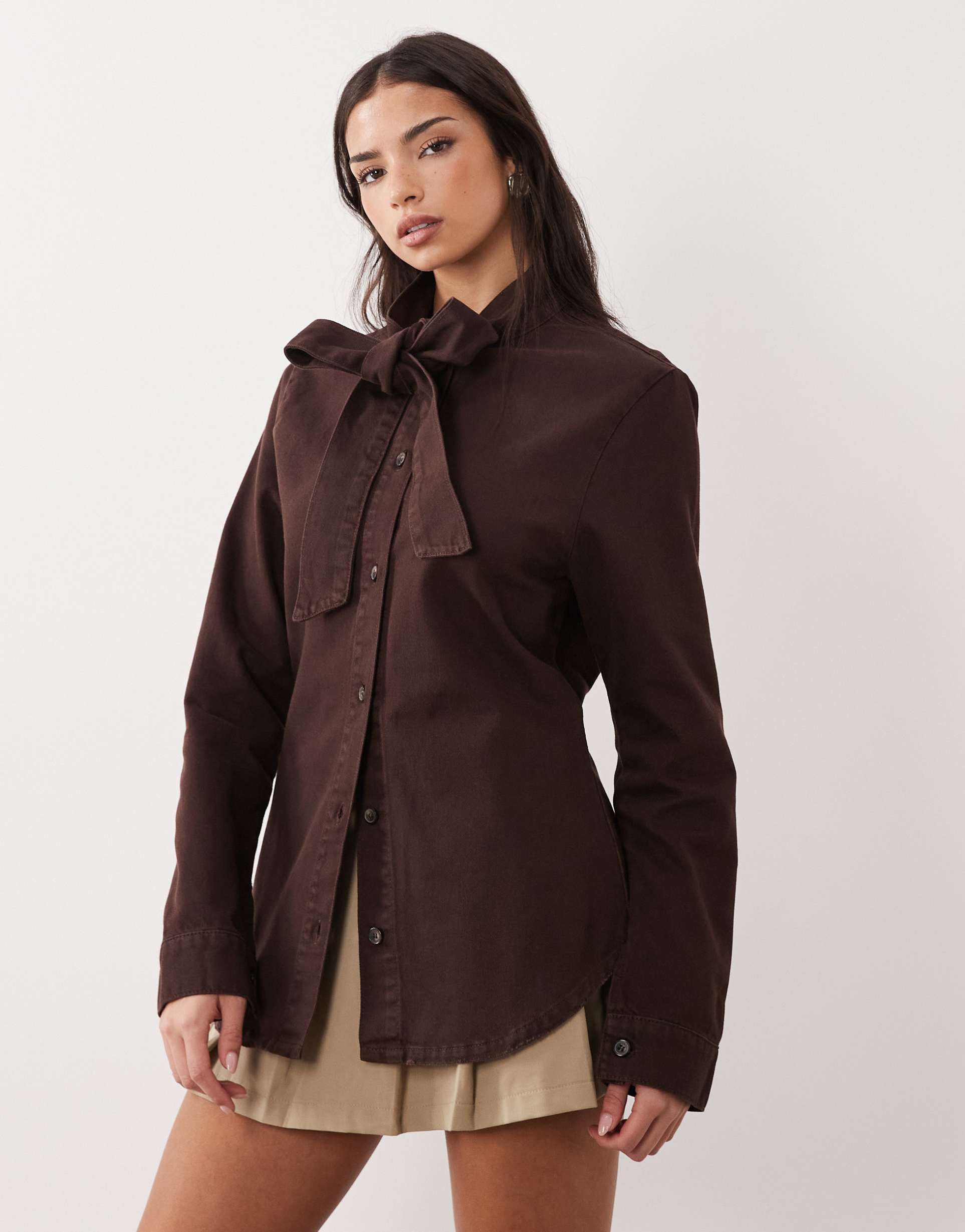 asos design tie neck denim shirt in chocolate brown