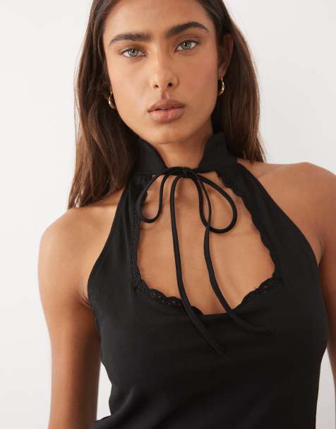 ASOS DESIGN tie neck detail crepe sleeveless top in black