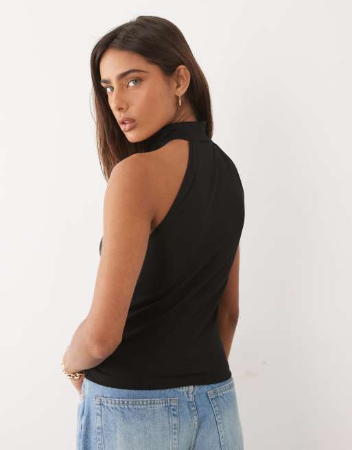 ASOS DESIGN tie neck detail crepe sleeveless top in black, 4 of 4