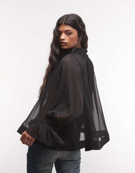 ASOS DESIGN tie neck floaty sheer blouse in black, 4 of 4