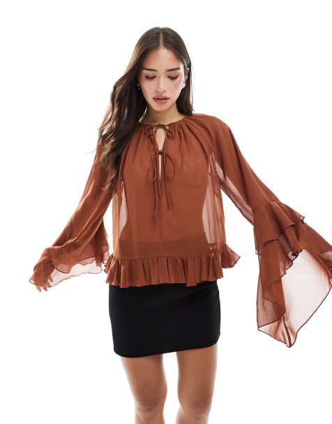 ASOS DESIGN tie neck floaty top with ruffle sleeve in viscose blend in brown - view 1