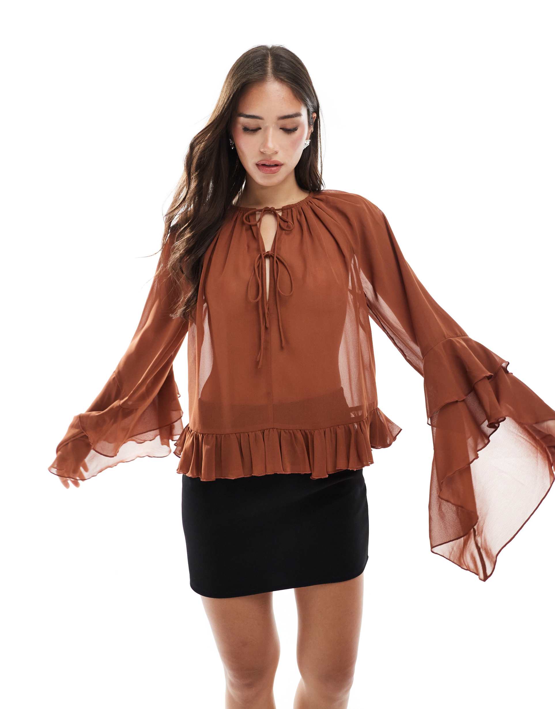 asos design tie neck floaty top with ruffle sleeve in viscose blend in brown