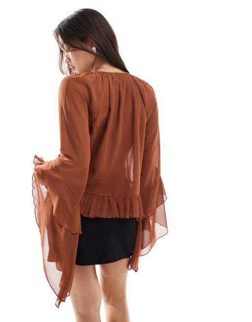 ASOS DESIGN tie neck floaty top with ruffle sleeve in viscose blend in brown, 4 of 4