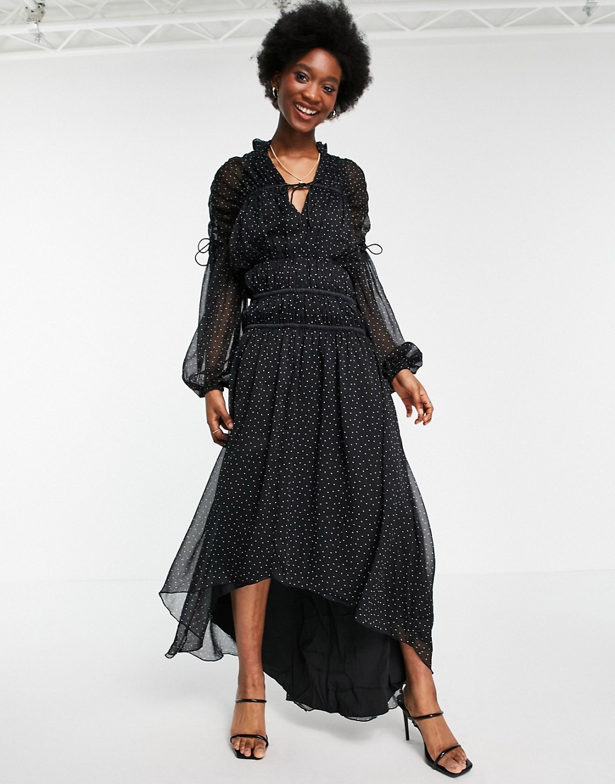 ASOS DESIGN tie neck maxi dress with blouson sleeve and multi channel waist in spot print