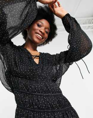 ASOS DESIGN tie neck maxi dress with blouson sleeve and multi channel waist in spot print