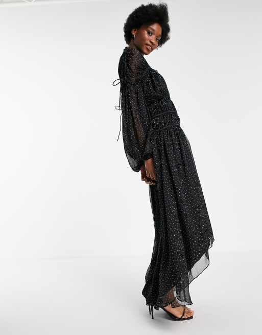 ASOS DESIGN tie neck maxi dress with blouson sleeve and multi channel waist  in spot print