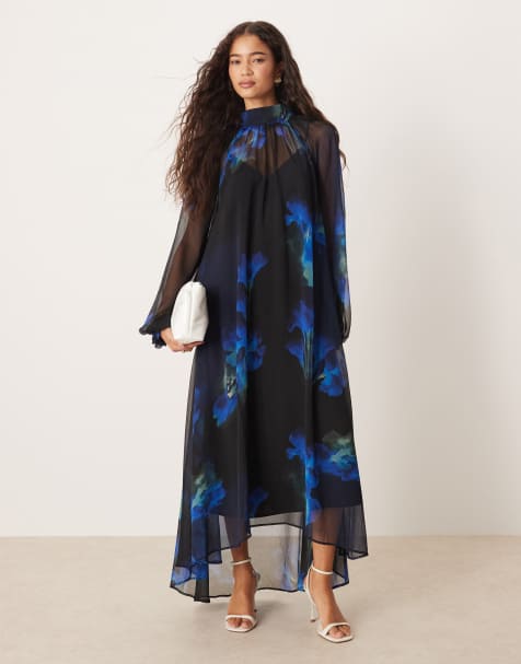 ASOS DESIGN tie neck maxi smock dress with high low hem in abstract blue floral - view 1