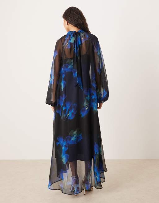 ASOS DESIGN tie neck maxi smock dress with high low hem in